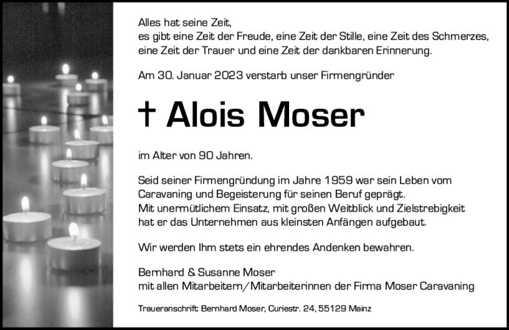  Traueranzeige für Alois Moser vom 04.02.2023 aus Allgemeine Zeitung Mainz