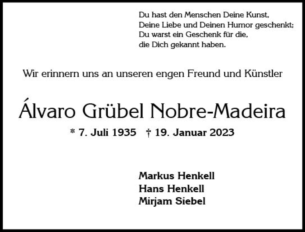  Traueranzeige für Alvaro Grübel Nobre-Madeira vom 04.02.2023 aus Wiesbadener Kurier gesamt