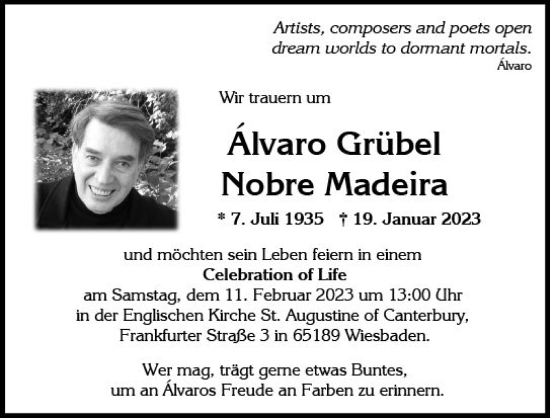 Traueranzeige von Alvaro Grübel Nobre Madeira von Wiesbadener Kurier gesamt