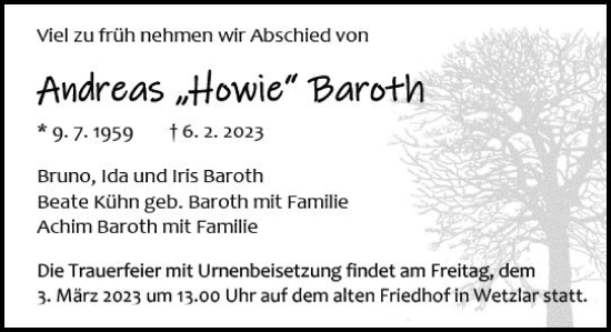 Traueranzeige von Andreas Baroth von Wetzlarer Neue Zeitung