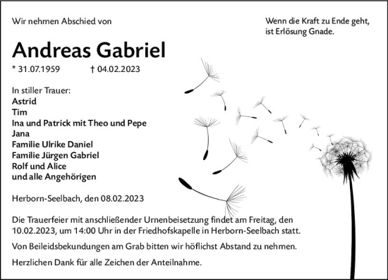 Traueranzeige von Andreas Gabriel von Dill Block