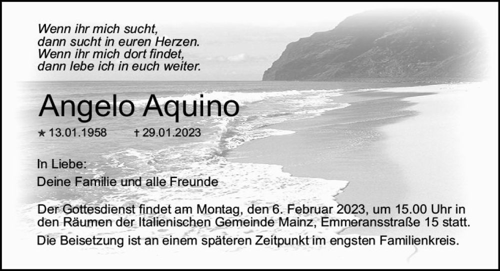  Traueranzeige für Angelo Aquino vom 04.02.2023 aus Allgemeine Zeitung Mainz