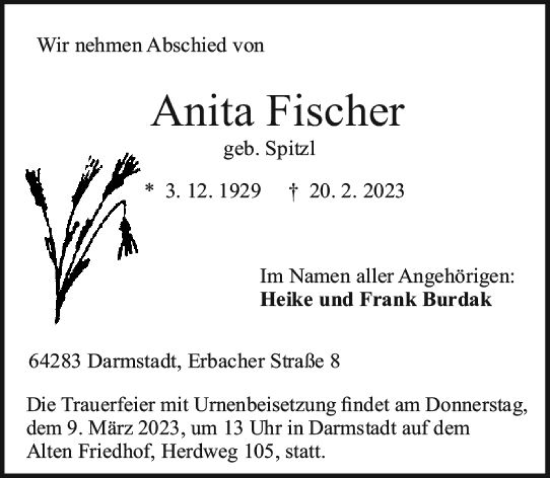 Traueranzeige von Anita Fischer von Darmstädter Echo