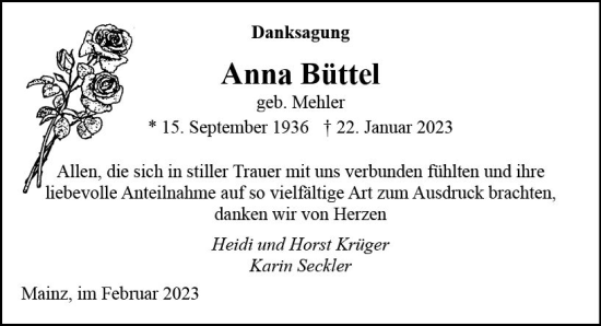 Traueranzeige von Anna Büttel von Allgemeine Zeitung Mainz