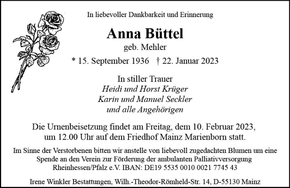  Traueranzeige für Anna Büttel vom 04.02.2023 aus Allgemeine Zeitung Mainz