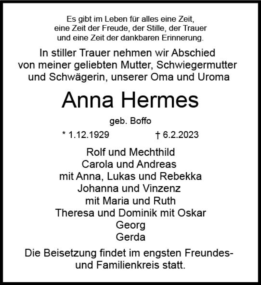  Traueranzeige für Anna Hermes vom 18.02.2023 aus Dieburger Anzeiger/Groß-Zimmerner Lokal-Anzeiger