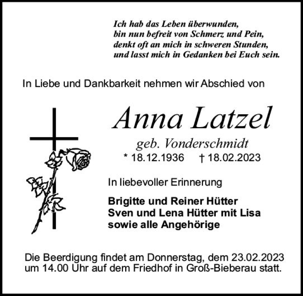  Traueranzeige für Anna Latzel vom 22.02.2023 aus Darmstädter Echo