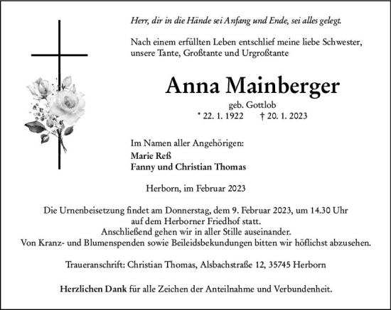 Traueranzeige von Anna Mainberger von Dill Block