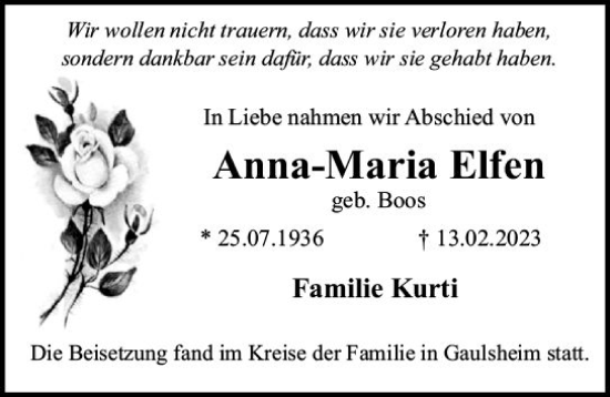Traueranzeige von Anna-Maria Elfen von Allgemeine Zeitung Bingen/Ingelheim