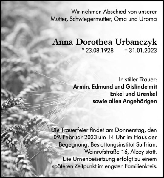 Traueranzeige von Anna Dorothea Urbanczyk von Allgemeine Zeitung Alzey
