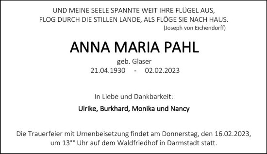 Traueranzeige von Anna Maria Pahl von Darmstädter Echo