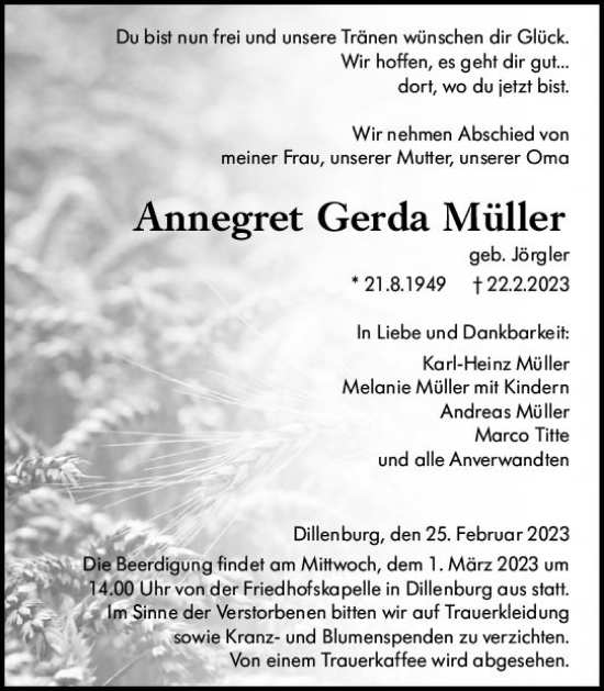 Traueranzeige von Annegret Gerda Müller von Dill Block