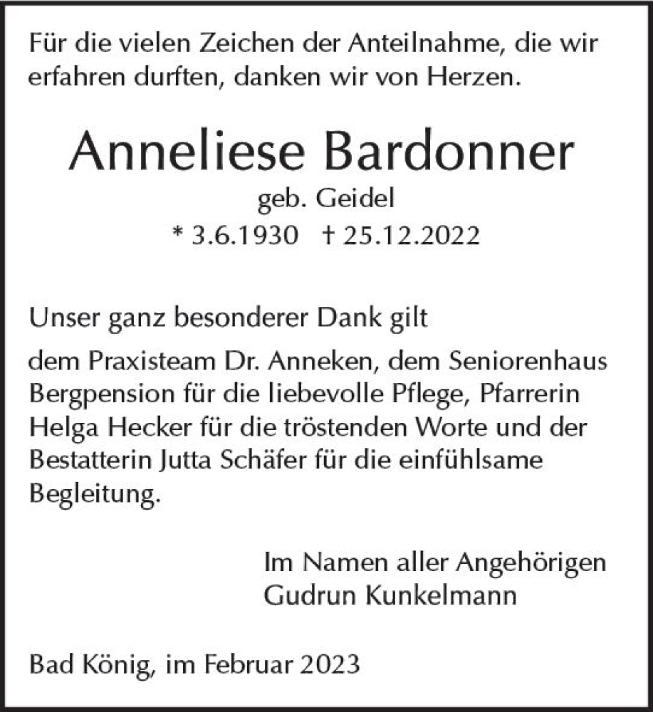  Traueranzeige für Anneliese Bardonner vom 04.02.2023 aus Odenwälder Echo