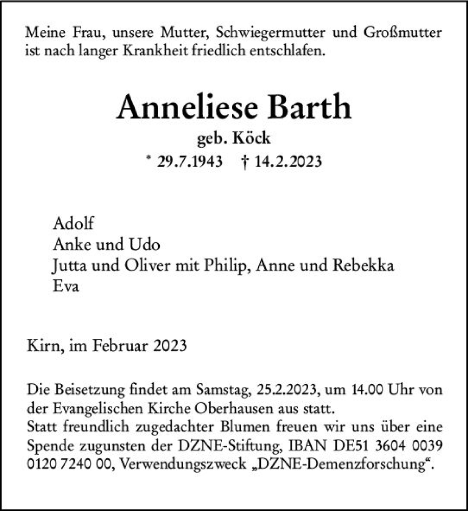  Traueranzeige für Anneliese Barth vom 24.02.2023 aus Allgemeine Zeitung Bad Kreuznach