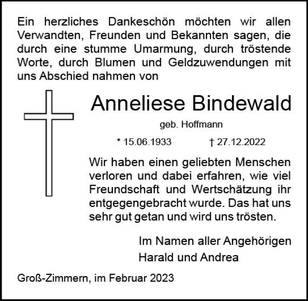  Traueranzeige für Anneliese Bindewald vom 11.02.2023 aus DieburgerAnzeiger/Groß-Zimmerner Lokalanzeiger