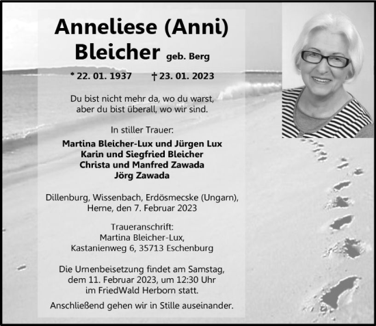 Traueranzeige von Anneliese Bleicher von Dill Block