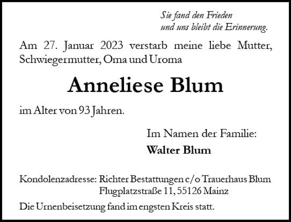  Traueranzeige für Anneliese Blum vom 18.02.2023 aus Allgemeine Zeitung Mainz