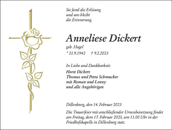 Traueranzeige von Anneliese Dckert von Dill Block