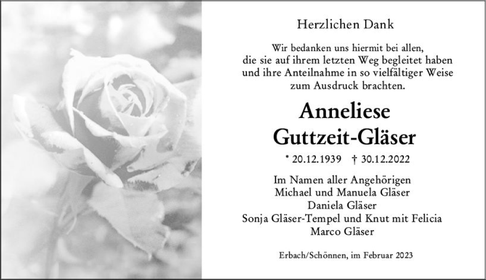 Traueranzeige für Anneliese Guttzeit-Gläser vom 04.02.2023 aus Odenwälder Echo