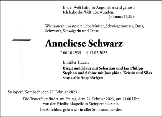 Traueranzeige von Anneliese Schwarz von Hinterländer Anzeiger