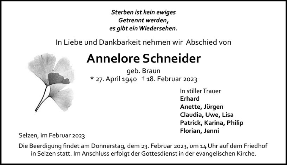  Traueranzeige für Annelore Schneider vom 22.02.2023 aus Allgemeine Zeitung Mainz