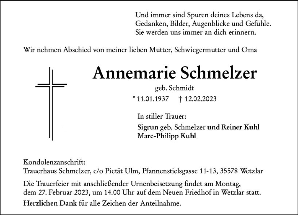  Traueranzeige für Annemarie Schmelzer vom 23.02.2023 aus Wetzlarer Neue Zeitung