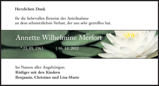 Traueranzeige von Annette Wilhelmine Merfort von Wormser Zeitung