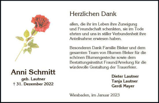 Traueranzeige von Anni Schmitt von Wiesbadener Kurier gesamt