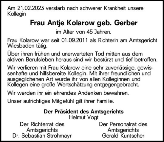 Traueranzeige von Antje Kolarow von Wiesbadener Kurier