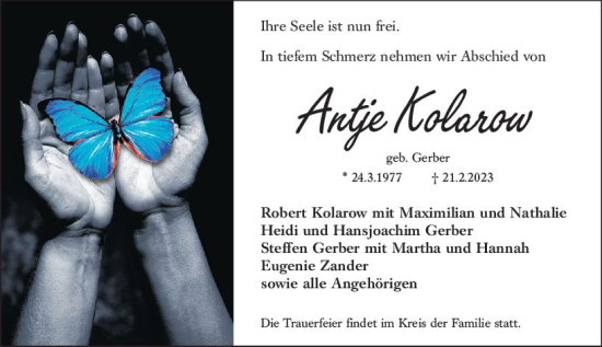 Traueranzeige von Antje Kolarow von Wiesbadener Kurier
