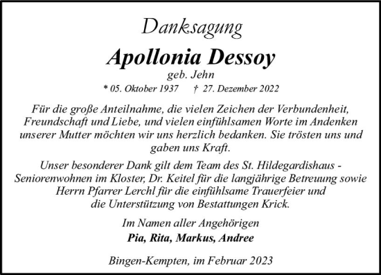 Traueranzeige von Apollonia Dessoy von Allgemeine Zeitung Ingelheim-Bingen
