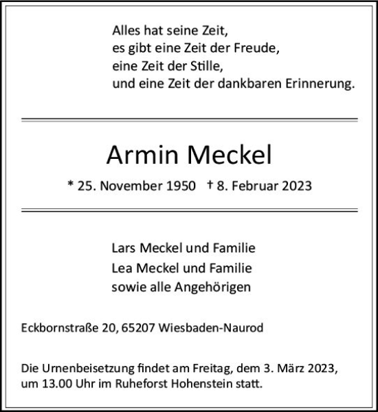 Traueranzeige von Armin Meckel von Wiesbadener Kurier