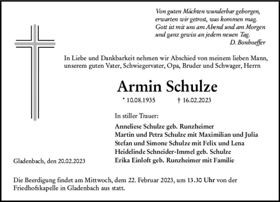 Traueranzeige von Armin Schulze von Hinterländer Anzeiger