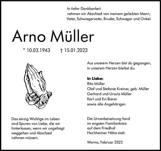 Traueranzeige von Arno Müller von Wormser Zeitung