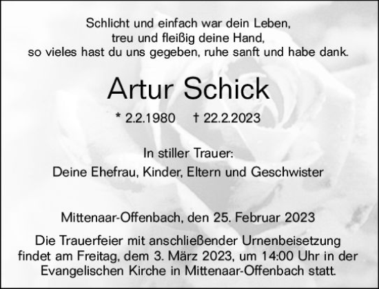 Traueranzeige von Artur Schick von Dill Block