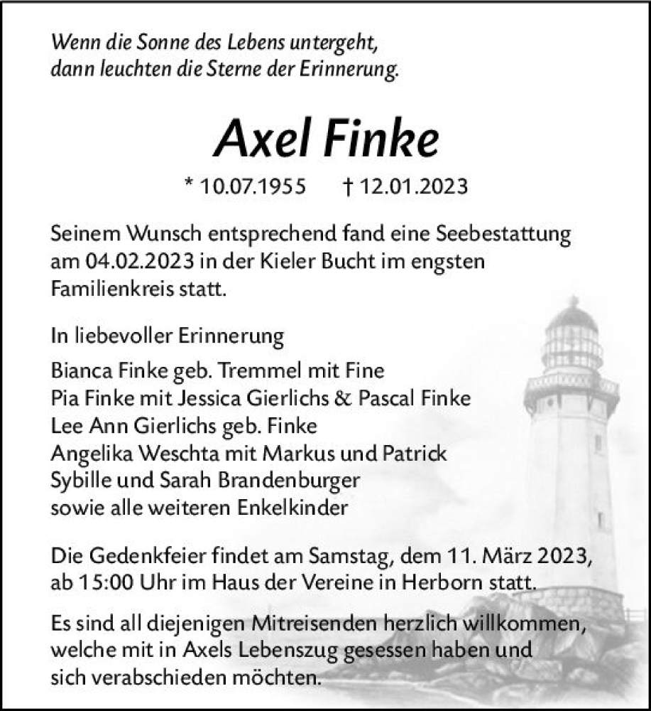  Traueranzeige für Axel Finke vom 10.02.2023 aus Dill Block