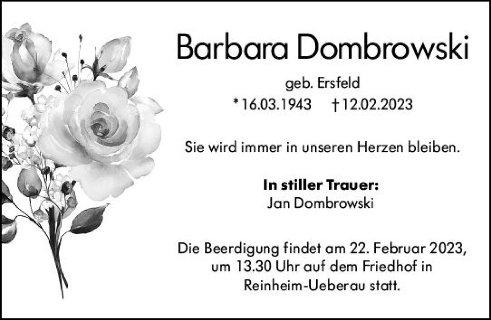  Traueranzeige für Barbara Dombrowski vom 18.02.2023 aus Darmstädter Echo
