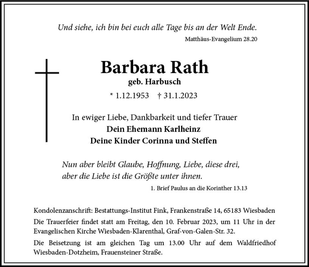  Traueranzeige für Barbara Rath vom 04.02.2023 aus Wiesbadener Kurier gesamt