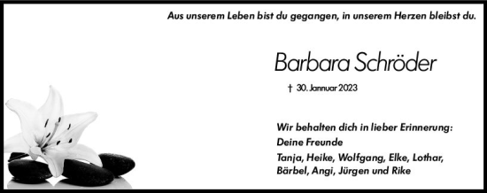 Traueranzeige von Barbara Schröder von Rüsselsheimer Echo