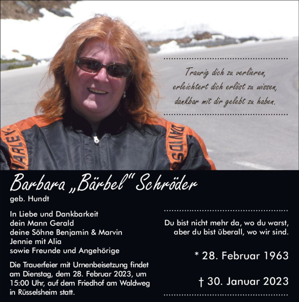  Traueranzeige für Barbara Schröder vom 18.02.2023 aus Rüsselsheimer Echo