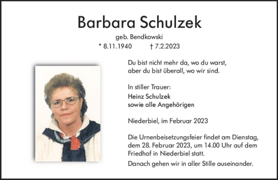 Traueranzeige von Barbara Schulzek von Wetzlarer Neue Zeitung