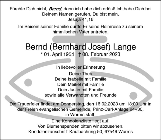 Traueranzeige von Bernd (Bernhard Josef) Lange von Wormser Zeitung