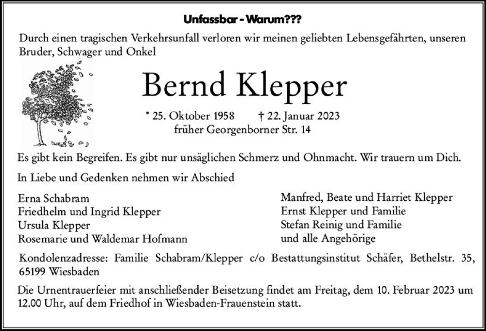  Traueranzeige für Bernd Klepper vom 04.02.2023 aus Wiesbadener Kurier gesamt