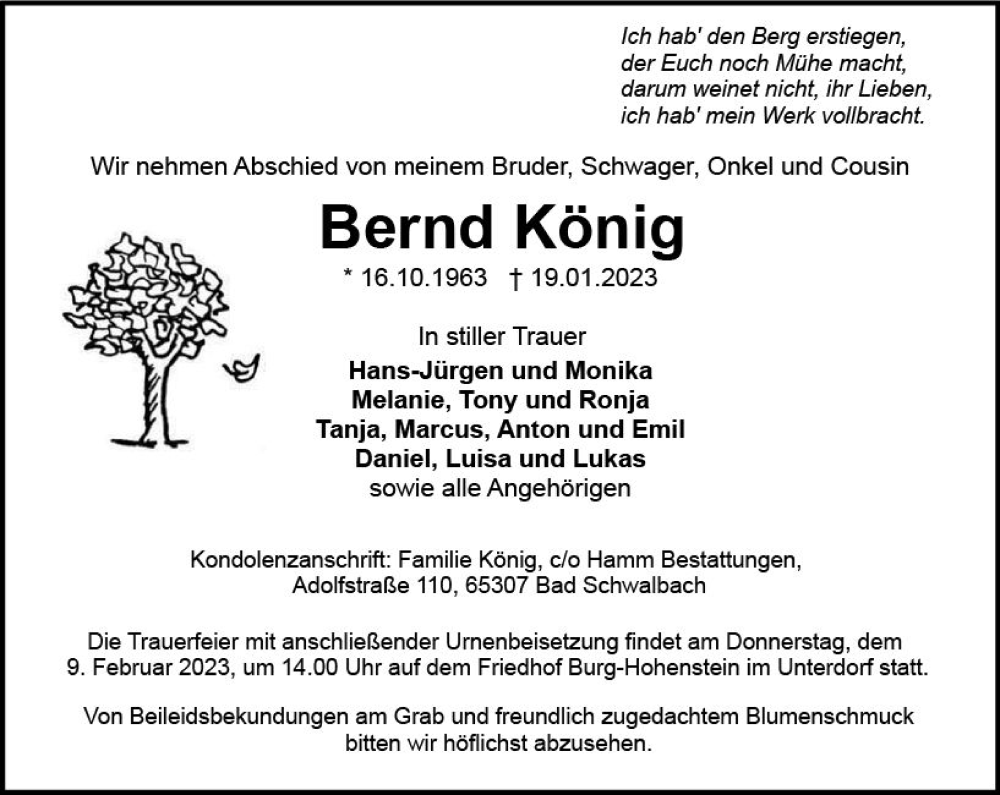  Traueranzeige für Bernd König vom 04.02.2023 aus Wiesbadener Kurier gesamt