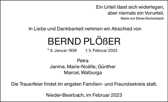 Traueranzeige von Bernd Plößer von Darmstädter Echo