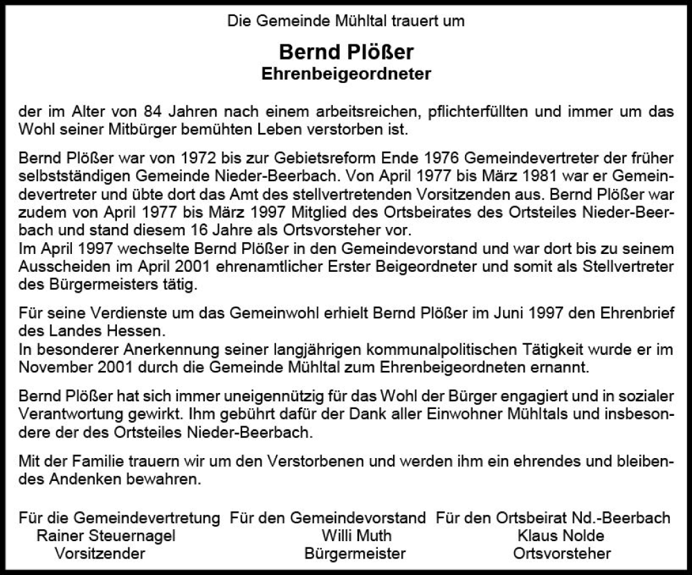  Traueranzeige für Bernd Plößer vom 11.02.2023 aus Darmstädter Echo