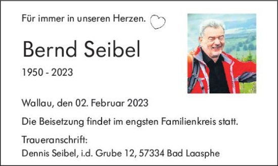 Traueranzeige von Bernd Seibel von Hinterländer Anzeiger