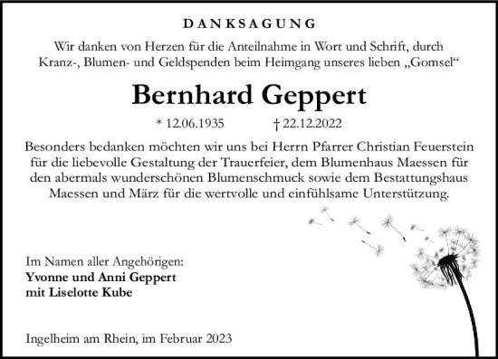 Traueranzeige von Bernhard Geppert von Allgemeine Zeitung Ingelheim-Bingen