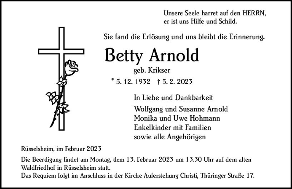  Traueranzeige für Betty Arnold vom 11.02.2023 aus Rüsselsheimer Echo