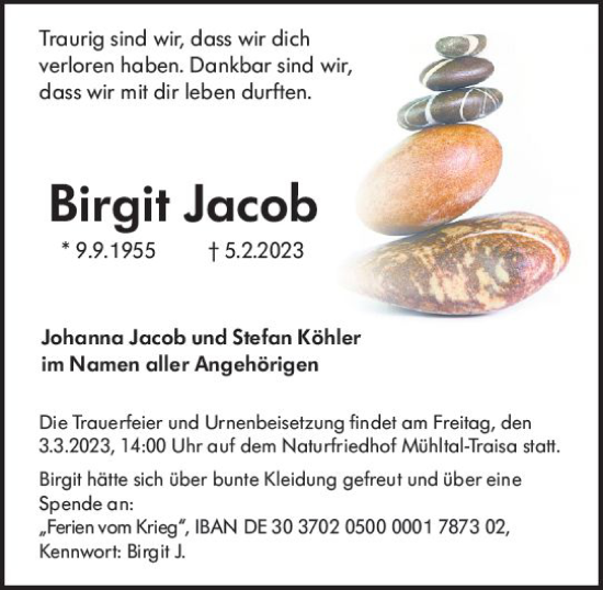 Traueranzeige von Birgit Jacob von Darmstädter Echo